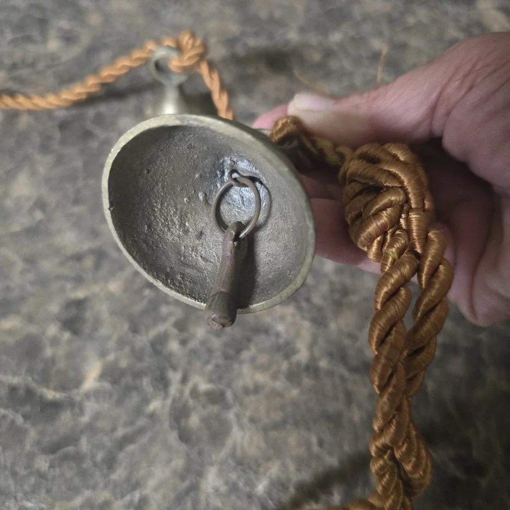 Vintage Brass Hanging Temple Bells Set of 3 on Decorative Cord India Boho Decor